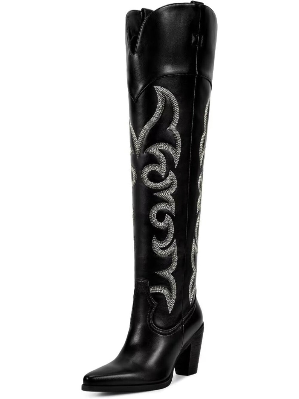 Women's Over Knee Black Western Boot With Pull On Tab Chunky Heel Cowgirl Boots